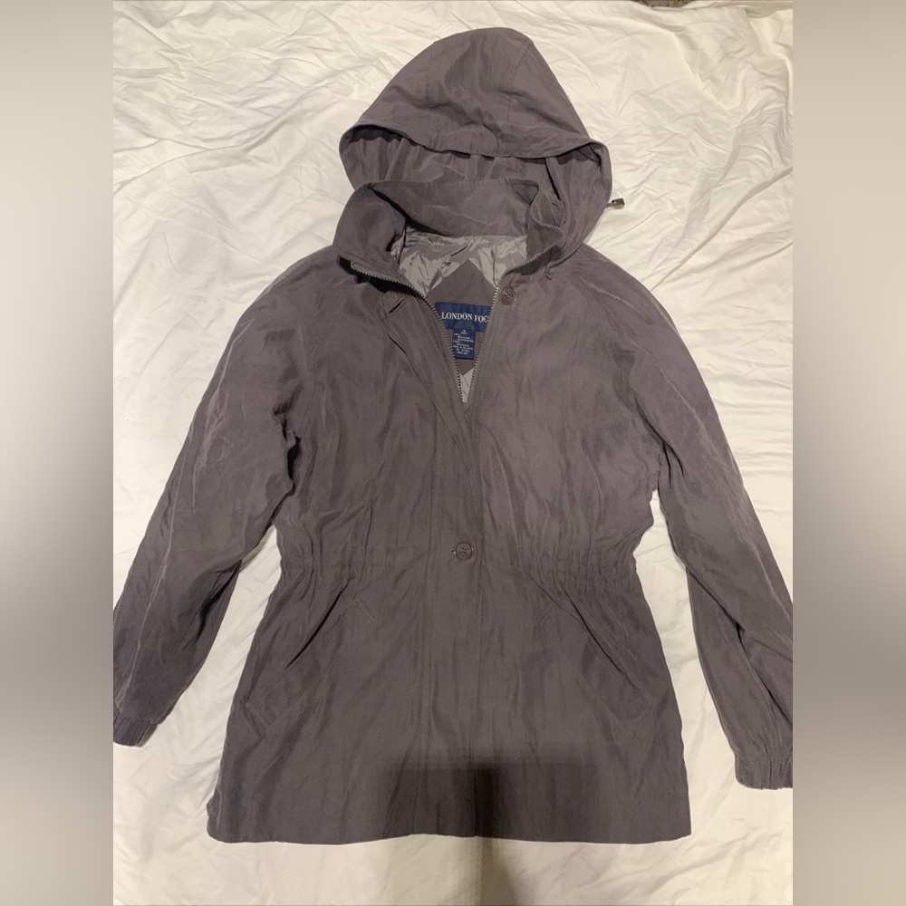 London Fog Womens Grey Zip Up Hooded Coat Sz. S Petite